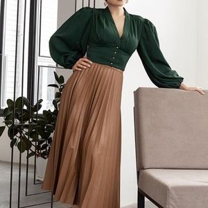 V neck button up bishop sleeve blouse